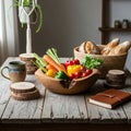 A rustic kitchen table features a Royalty Free Stock Photo