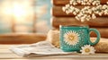 rustic kitchen table features warm cup adorned with daisies, alongside newspaper, creating cozy and inviting atmosphere. soft Royalty Free Stock Photo