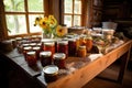 rustic kitchen table with homemade jams