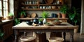 Rustic kitchen table scene with dark pottery, woven baskets, and potted greenery. Generative AI Royalty Free Stock Photo