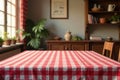 Rustic kitchen table setting with red and white checkered tablecloth, ready for a meal. Generative AI Royalty Free Stock Photo