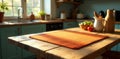 Rustic kitchen table setting with warm sunlight illuminating a textured orange placemat, featuring a bowl of fresh fruit and Royalty Free Stock Photo