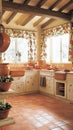 A rustic kitchen with terracotta tiles floral curtains and ceramic bowls.