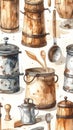 Rustic Kitchen Utensils and Containers Watercolor Seamless Pattern Royalty Free Stock Photo