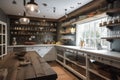 rustic kitchen with white cabinetry, glass fronts, and open shelving