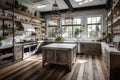 rustic kitchen with white cabinetry, glass fronts, and open shelving