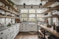 rustic kitchen with white cabinetry, glass fronts, and open shelving