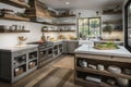 rustic kitchen with white cabinetry, glass fronts, and open shelving