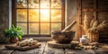 Rustic kitchen window scene with wooden mortar and pestle, root vegetables, dried flowers, and a small ceramic vessel. Generative Royalty Free Stock Photo