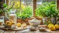 Rustic kitchen window still life featuring fresh herbs, lemons, and baking ingredients. Generative AI Royalty Free Stock Photo