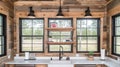 Rustic kitchen, wood wall, windows, shelves, sink, forest view, interior design Royalty Free Stock Photo