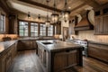 rustic kitchen with wooden cabinets, natural stone countertops and hanging lanterns Royalty Free Stock Photo