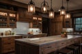 rustic kitchen with wooden cabinets, natural stone countertops and hanging lanterns Royalty Free Stock Photo