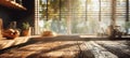 Rustic Kitchen with Wooden Tabletop in Morning Light Through Blinds Royalty Free Stock Photo