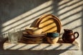 Rustic Kitchenware Arrangement with Natural Light Patterns for Minimalist Decor Generative AI Royalty Free Stock Photo