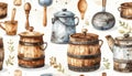 Rustic Kitchenware Collection Watercolor Seamless Pattern Royalty Free Stock Photo