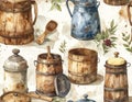 Rustic Kitchenware Watercolor Illustration Seamless Pattern Royalty Free Stock Photo