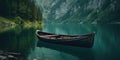 Rustic lake, boat, lake wallpaper, lake water, Mediterranean lake in the style of calming and introspective aesthetic, dark green