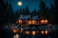 A rustic, lakeside cabin with a warm, inviting glow emanating from its windows, set against the backdrop of a luminous full moon