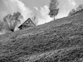 Rustic landscape with an abandoned old wooden house or shelter in the Carpathain Mountains, Romania. Old vintage monochrome Royalty Free Stock Photo