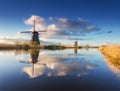 Rustic landscape with beautiful traditional dutch windmills Royalty Free Stock Photo