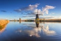 Rustic landscape with beautiful traditional dutch windmills Royalty Free Stock Photo