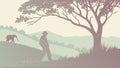 Rustic Landscape with Lone Tree and Figure, vector design Generative AI Royalty Free Stock Photo