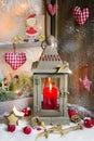 Rustic lantern with candlelights for christmas - classic in red