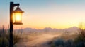 rustic lantern hanging from wooden post illuminates desert path at sunset, creating serene atmosphere Royalty Free Stock Photo