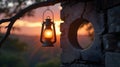 A rustic lantern hangs from the branches of an old tree, but instead of a candle inside, Royalty Free Stock Photo