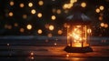 Rustic lantern illuminated by warm glow with magical sparks at night Royalty Free Stock Photo
