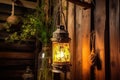 rustic lantern-style lamp hanging from a hook