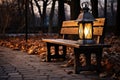 a rustic lantern on a wooden bench in a lonely park with a paved path