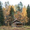 Rustic larch cabin nestled among trees in a natural landscape Royalty Free Stock Photo