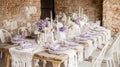 Rustic Lavender Wedding Table Setting, Stone Venue Royalty Free Stock Photo