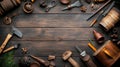Rustic Leather Craft Tools on Dark Wooden Royalty Free Stock Photo