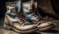 Rustic leather hiking boots, undone shoelaces, dirty generated by AI