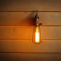 Vintage, rustic lamp fixture bulb on wood panel wall background