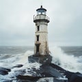 Rustic lighthouse battered by waves during a storm in the middle of the ocean Royalty Free Stock Photo