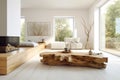 Rustic live edge coffee table made from tree trunk log near fireplace against white sofa. Scandinavian home interior design of Royalty Free Stock Photo