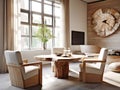 Rustic live edge dining table and chairs. Interior design of modern living room with wood paneling. Created with generative AI