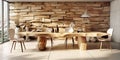 Rustic live edge dining table made from wooden slab and logs. Interior design of modern dining room with wild stone cladding wall