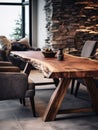 Rustic live edge dining table and solid wood armchair close up. Organic interior design of modern living room in farmhouse