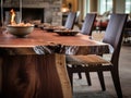 Rustic live edge dining table and solid wood chairs close up. Organic interior design of modern living room in farmhouse