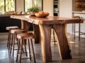 Rustic live edge dining table and solid wood stools close up. Organic interior design of modern living room in farmhouse