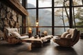Rustic live edge table and wooden armchairs against of windows. AI generate