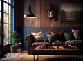 rustic living room with wood panel walls and a large industrial-style pendant lamp (AIgen) Royalty Free Stock Photo