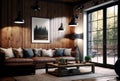 rustic living room with wood panel walls and a large industrial-style pendant lamp (AIgen) Royalty Free Stock Photo