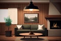 rustic living room with wood panel walls and a large industrial-style pendant lamp (AIgen) Royalty Free Stock Photo