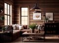 rustic living room with wood panel walls and a large industrial-style pendant lamp (AIgen) Royalty Free Stock Photo